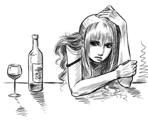 ashamed woman drinking wine