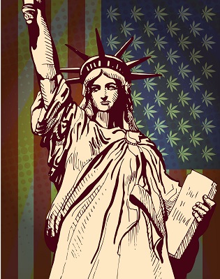 image of statue of liberty with a backdrop of cannabis leaves to symbolize the US cannabis crackdown
