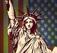 statue of liberty and marijuana tapestry to signify federal crackdown on marijuana