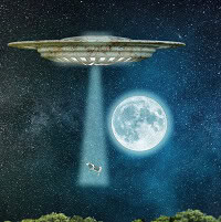 image of spaceship abducting a cow to symbolize the idea that drugs hijack the brain